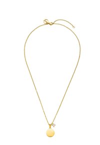 Goldkette mit rundem Anhänger und einem kleinen quadratischen Akzent mit klarem Stein, zeigt ein poliertes Finish und zarte Glieder.