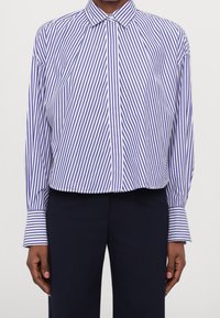 Blå och vitrandig skjorta med knappar, krage, långa ärmar och kort passform. Tyget verkar slätt och lätt.