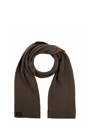 Brown ribbed scarf made of soft fabric, featuring a smooth texture with neatly finished edges and a small branded label at one end.