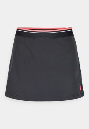 Svart skjørt med en tettsittende midje og rosa og hvite striper. Laget av lett materiale, med en subtil glans og en lett A-formet fasong.