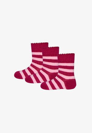 Three pairs of children's socks feature a striped design in dark pink and light pink, with a scalloped edge at the cuff and a smooth texture.