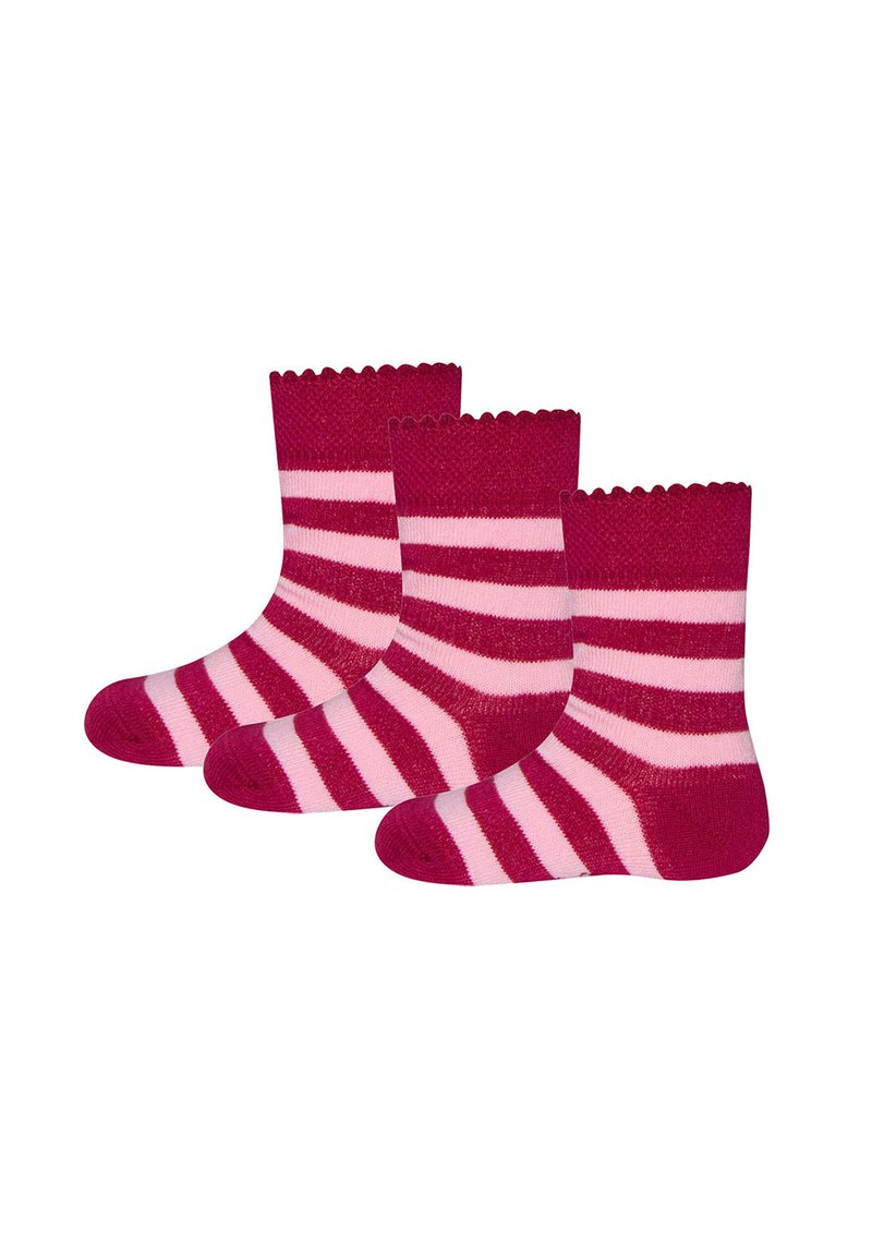 Drei Paar Kinderstrümpfe haben ein gestreiftes Design in Dunkelrosa und Hellrosa, mit einem gewellten Saum am Bündchen und einer glatten Textur.