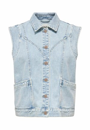 Světle modrá džínová vesta bez rukávů s knoflíkovým zapínáním na přední straně, dvěma předními kapsami a špičatým límečkem.