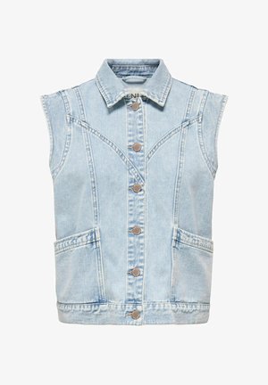Hellblaues ärmelloses Jeansweste mit Knopfleiste, zwei Fronttaschen und spitzem Kragen.