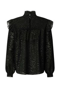 Blusa nera con motivo strutturato, colletto alto e spalle arricciate. Maniche lunghe con polsini aderenti. Apertura a chiave sul retro.