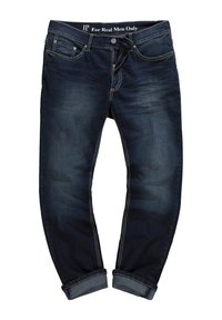 Jeans de mezclilla azul oscuro con pierna recta, con costuras claras, cierre de botón y puños remangados. El texto en la cintura dice "Sólo para hombres de verdad".