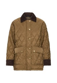 Veste matelassée marron avec col et poignets en velours côtelé brun foncé, fermeture à boutons-pression devant et deux grandes poches à rabat devant.
