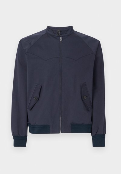 Navy blue bomber jacket with a stand-up collar, front zipper, and two angled pockets; features ribbed cuffs and waistband.