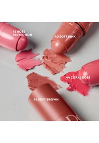 Vier lipproducten in matte tubes: zachtroze, koraalroos, rozenperfectie en zachtbruin. Stapels bijpassende swatches op een lichte achtergrond.