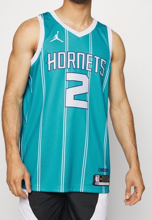 Maillot de basket teal avec des rayures blanches, "HORNETS" et le numéro "2" en violet. Il présente un logo Jordan sur l'épaule gauche.