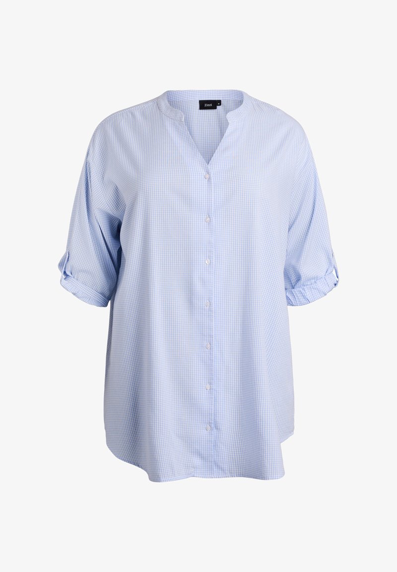 Niebiesko-biała koszula w kratkę zapinana na guziki z kołnierzykiem mandarynka i podwiniętymi krótkimi rękawami, wykonana z lekkiego materiału.