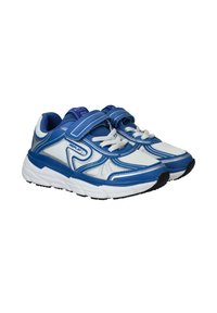 Blauwe en witte sportschoenen met een bovenkant van mesh, een gevoerde tong en klittenbandsluiting. Voorzien van een gestructureerde zool en een versterkte hak voor ondersteuning.