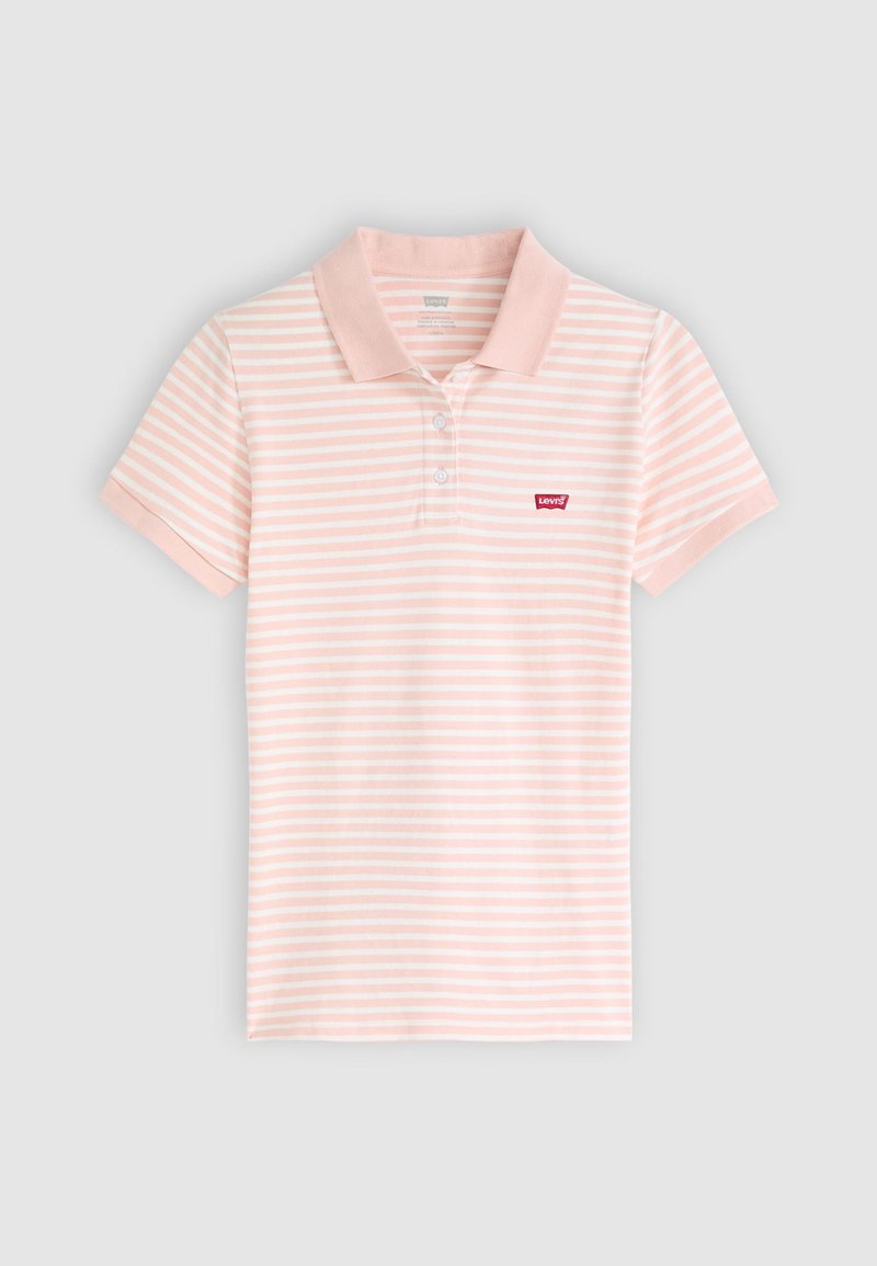 Hellrosa Polo-Shirt mit weißen Streifen, kurzen Ärmeln, weichem Material, Knopfleiste mit drei Knöpfen und einem kleinen roten Levi's-Logo auf der Brust.