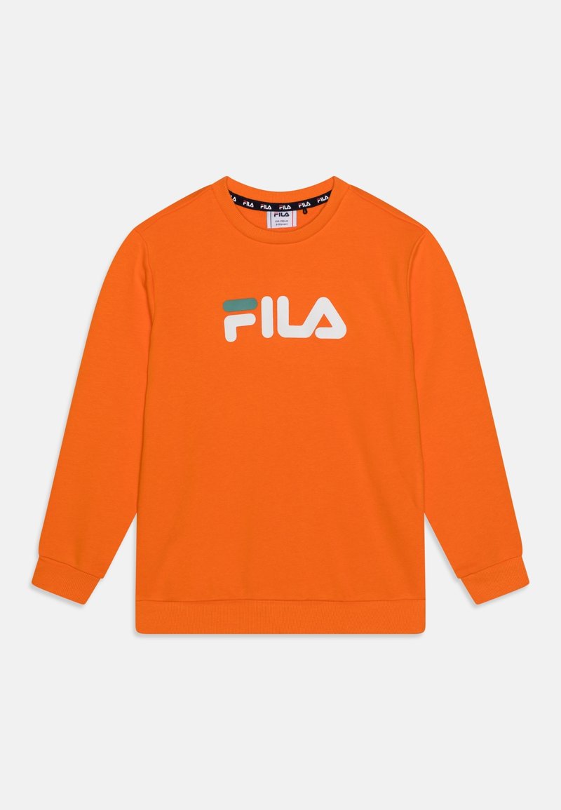 Sweat-shirt à manches longues orange vif avec poignets côtelés et logo FILA blanc et vert centré sur la poitrine.