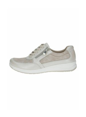 Light gray sneakers with textured fabric and smooth leather accents, featuring a side zipper, round toe, and a cushioned white sole.