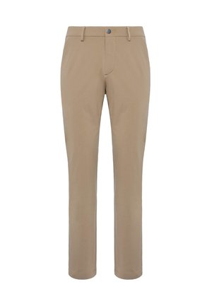 Pantaloni khaki con design a gamba dritta, realizzati in tessuto morbido. Presentano tasche anteriori, passanti per cintura e una chiusura con un bottone.