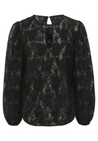 Blouse en dentelle noire avec des manches longues bouffantes et un dos en forme de trou de serrure. Le tissu présente un motif floral avec une apparence texturée.