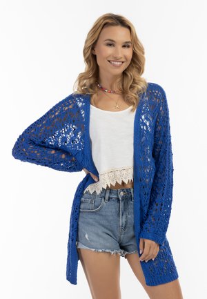 Cardigan croșetat albastru cu design din plasă deschisă, mâneci lungi și croi lejer, purtat peste un top alb scurt și pantaloni șort din denim distrus.
