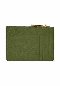 Porte-cartes en cuir vert avec surface texturée, comportant quatre fentes pour cartes et un compartiment zippé en haut. Accent en matériel doré.