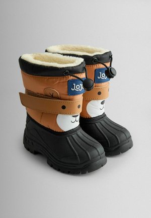 Atsparios vandeniui rudi ir juodi batai su minkšta dirbtinio kailio pamušalu, mielu lokio veido dizainu, reguliuojama juosta ir tekstūruotais guminiais padais.