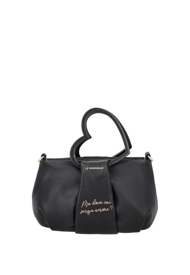 Borsa a mano nera in pelle con finitura testurizzata, manico a forma di cuore e dettagli in scrittura dorata. Presenta un design strutturato con una presa confortevole.