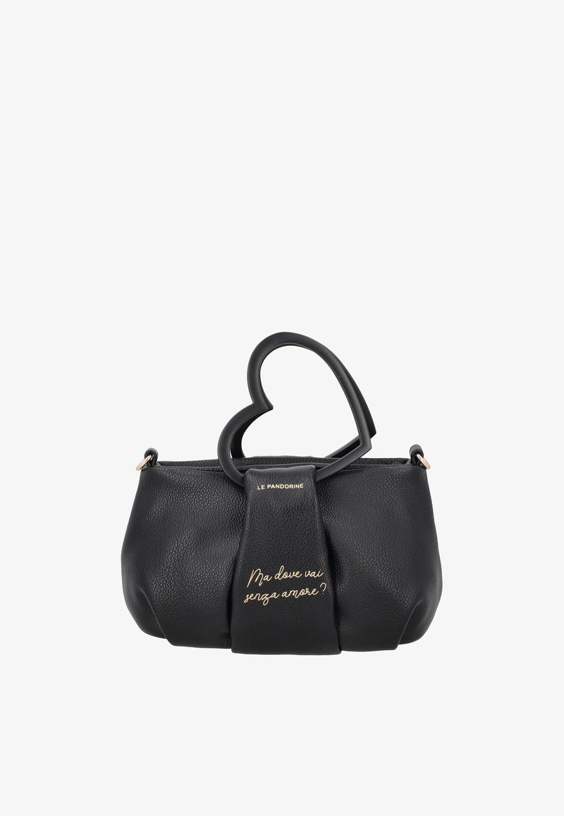 Borsa a mano nera in pelle con finitura testurizzata, manico a forma di cuore e dettagli in scrittura dorata. Presenta un design strutturato con una presa confortevole.