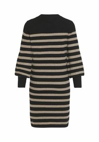 Robe à manches longues avec rayures horizontales noires et beiges, poignets côtelés et vue arrière droite.