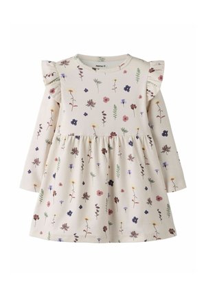 Kremna obleka za malčke z dolgimi rokavi, z nabranimi rameni in večbarvnimi majhnimi cvetličnimi vzorci po celotni površini.