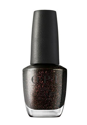 Bouteille de vernis à ongles noire avec un bouchon noir texturé, étiquetée OPI, contenant un vernis noir avec de fins éclats de paillettes rouges à l'intérieur.
