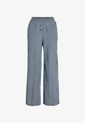 Vidbyxlade byxor i marinblått och ljust blått rutig mönster. Elastisk midjeband med två knappar. Tillverkade av lättviktig tyg med slät yta.