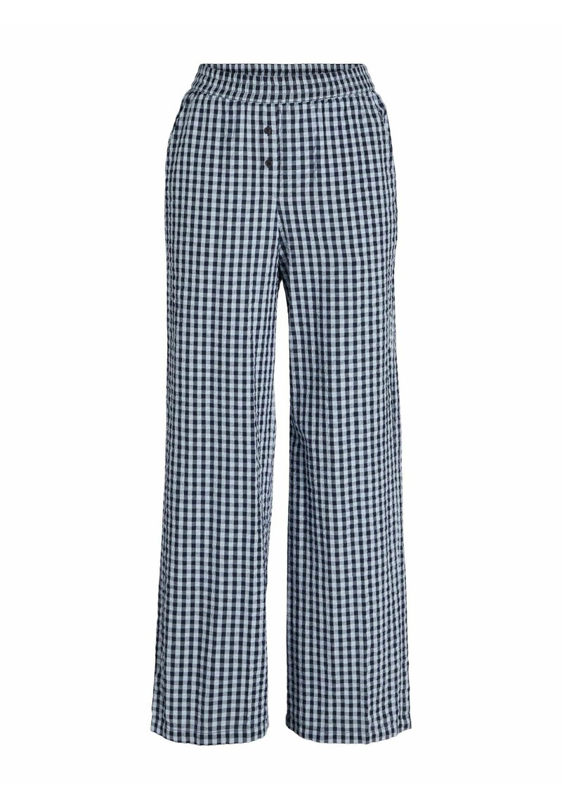 Pantalons larges en vichy bleu marine et bleu clair. Taille élastique avec deux boutons. Fabriqués en tissu léger, finition lisse.