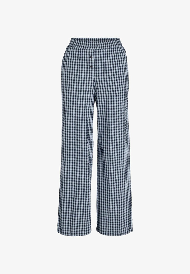 Pantalons larges en vichy bleu marine et bleu clair. Taille élastique avec deux boutons. Fabriqués en tissu léger, finition lisse.