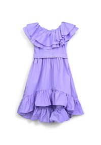 Lavendelfarbenes Baumwollkleid mit Rüschensäumen und gestuftem Rüschensaum. Verfügt über eine geraffte Taille und eine weiche Textur.