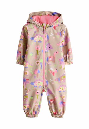 Water-resistant baby all-in-one suit in beige with colorful dinosaur and flower patterns, featuring a pink fleece-lined hood and zip closure.