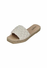Woven slip-on sandal in off-white, featuring a textured strap and a natural jute sole. Soft footbed for comfort.