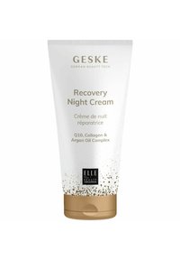 Vit tube med Geske Recovery Night Cream och guldackenter. Innehåller Q10, kollagen och arganoljekomplex. Texturerat lock i basen.