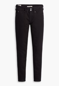 Black denim jeans with a slim fit, featuring a button and zipper fly, five pockets, and subtle stitching details. Smooth fabric texture.