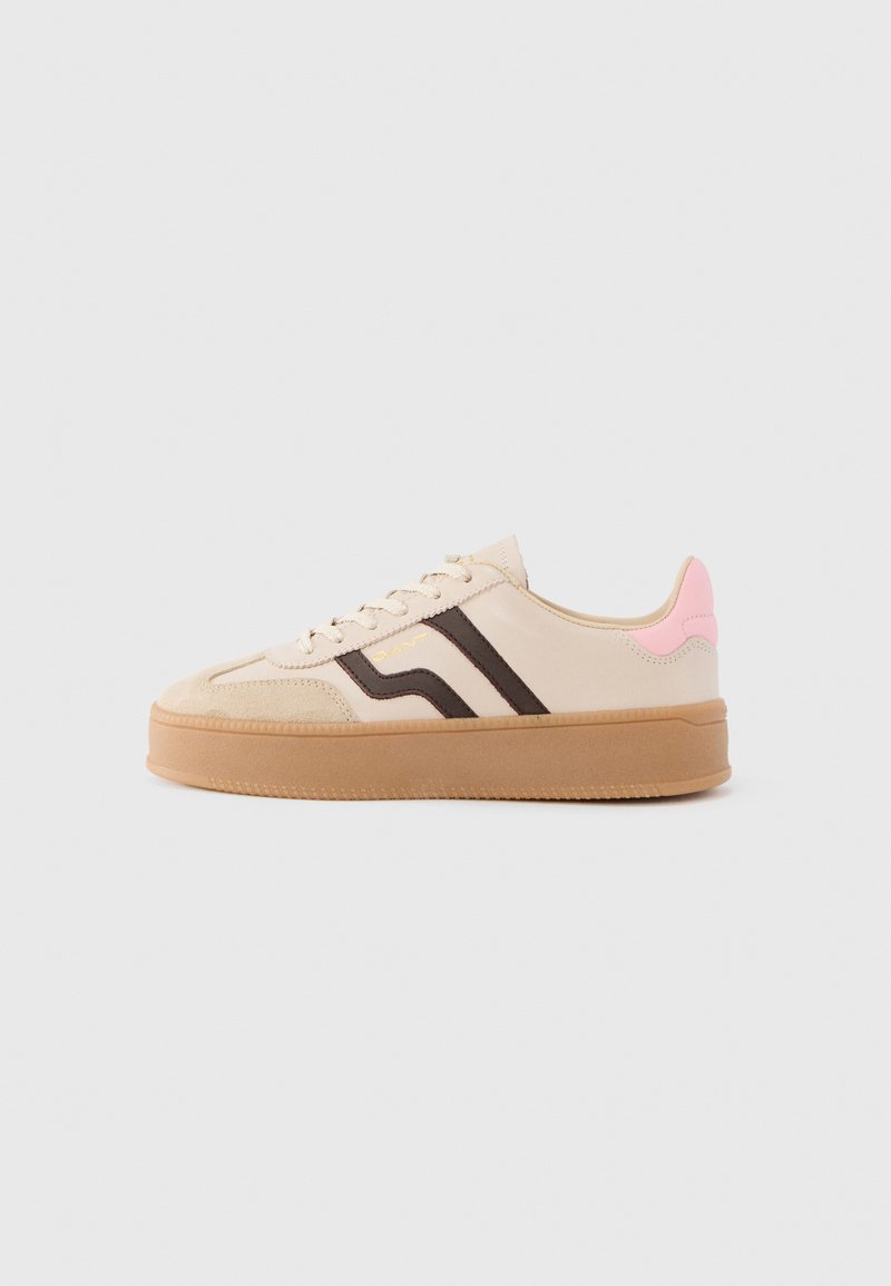 Beige sneakers with brown stripes, a pink heel accent, suede toe cap, and a gum sole. Features lace-up closure and rounded design.