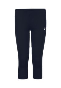 Leggings sportivi neri con design aderente, realizzati in tessuto elasticizzato, con il logo bianco di Nike sulla gamba sinistra e polsini alla caviglia.