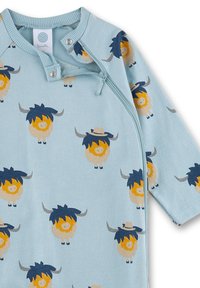 Helles blaues Kurzarm-Einteiler mit wiederholten Motiven von cartoonhaften Tieren mit gelben Gesichtern und dunkelblauen Haaren, zusätzlich mit einem Hut-Detail.
