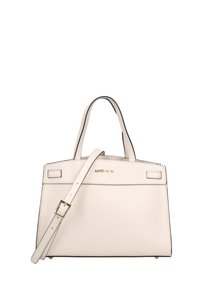 Weißes Lederhandtasche mit strukturiertem Design, schwarzen Akzenten, doppelten oberen Griffen und einem abnehmbaren Schultergurt. Goldenes Logo-Detail auf der Vorderseite.