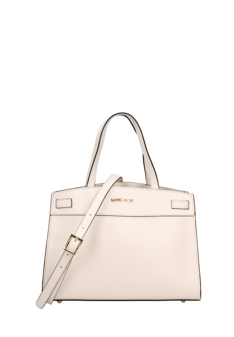 Weißes Lederhandtasche mit strukturiertem Design, schwarzen Akzenten, doppelten oberen Griffen und einem abnehmbaren Schultergurt. Goldenes Logo-Detail auf der Vorderseite.