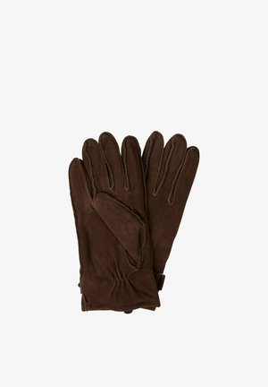 Brown suede gloves with five fingers, elastic wrist, and fine stitching details for a secure fit. Soft texture enhances grip and warmth.