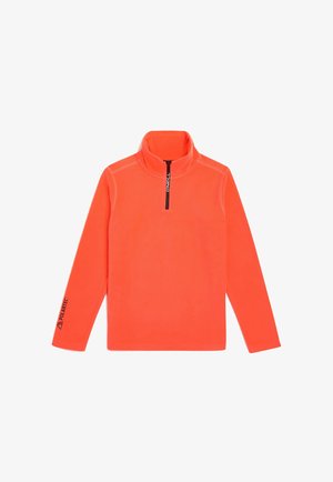 Pullover in pile arancione con colletto alto e zip a metà. Caratterizzato dal logo 'Polartec' sulla manica sinistra e zip nera a contrasto.