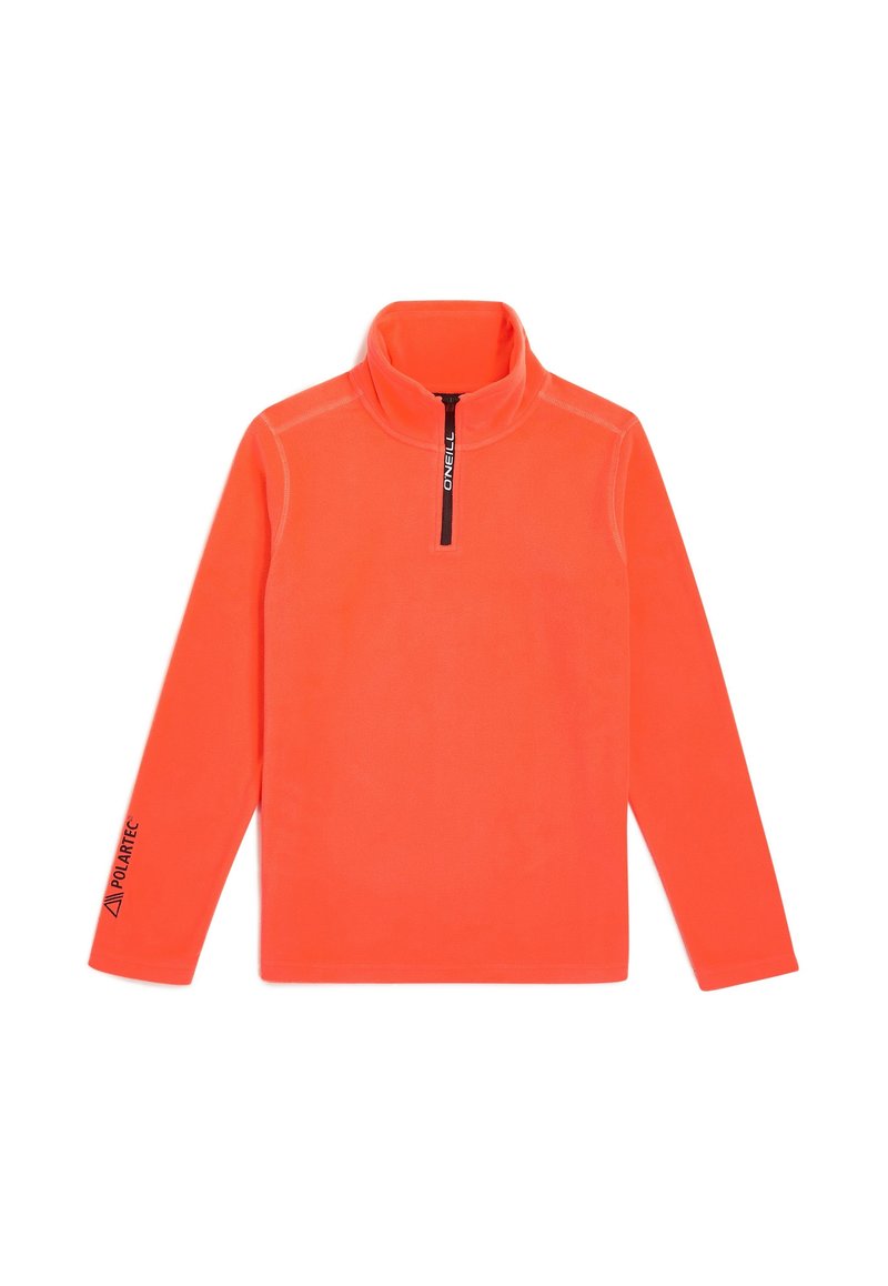 Orange fleece pullover med høj krave og halv lynlås. Har 'Polartec'-logo på venstre ærme og kontrasterende sort lynlås.