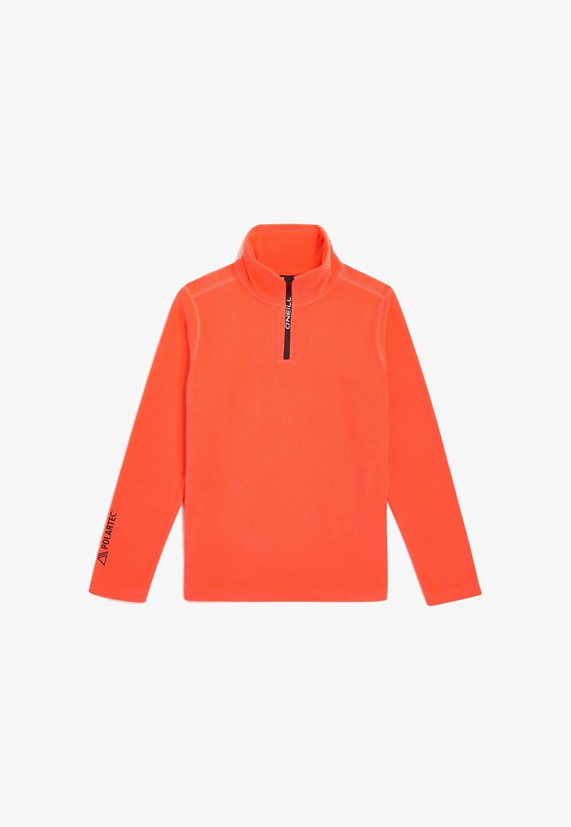 Oranger Fleece-Pullover mit hohem Kragen und Halbreißverschluss. Mit 'Polartec'-Logo auf dem linken Ärmel und kontrastierendem schwarzen Reißverschluss.