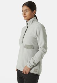 Jasnoszara polarowa bluza z wysokim kołnierzem, ćwierć zamkiem błyskawicznym, kieszenią na piersi z zatrzaskiem oraz naszywką z logo u dołu. Miękka faktura.