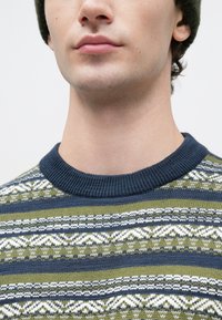 Jovem usando um gorro de malha verde e um suéter de padrão azul, verde e branco, mostrado do pescoço até a parte superior do peito.