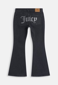 Μαύρα καμπανέ τζιν με κείμενο "Juicy" διακοσμημένο με στρας στις πίσω τσέπες και καφέ δερμάτινη ετικέτα Juicy Couture στη μέση.