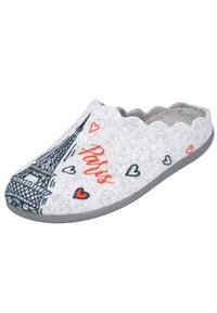Pantufla gris con borde festoneado, que presenta un contorno negro de la Torre Eiffel y "París" en rojo, decorada con pequeños corazones.
